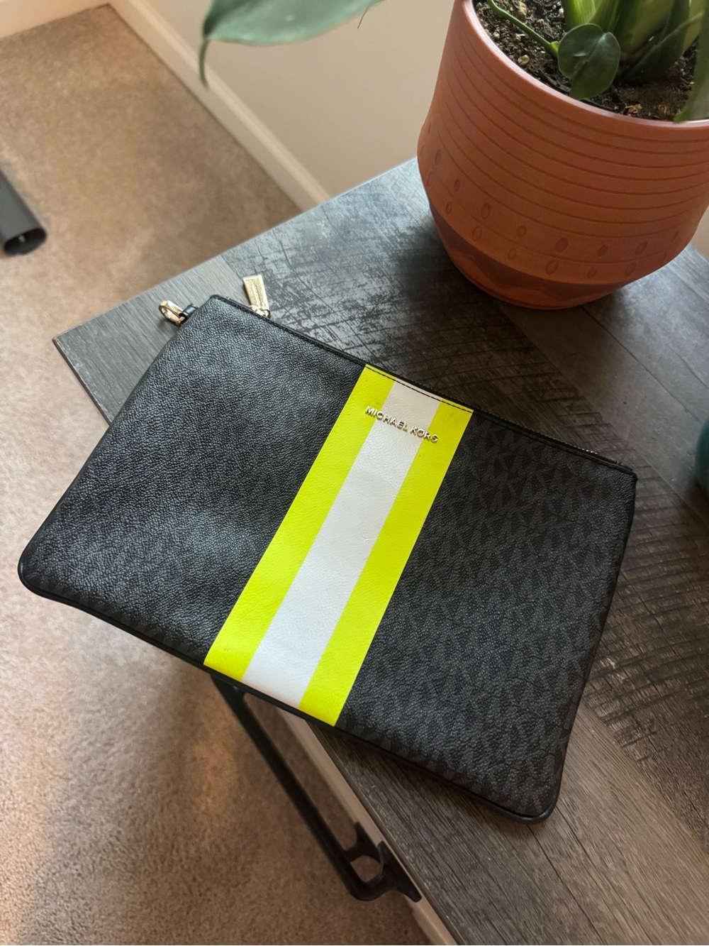 Michael Kors Black with Neon Yellow and White Stripe